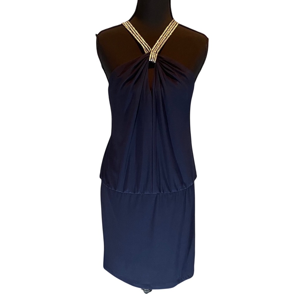 Bisou Bisou Michele Bohbot Navy Blue Halter Cocktail Dress Metallic‎ Straps 6